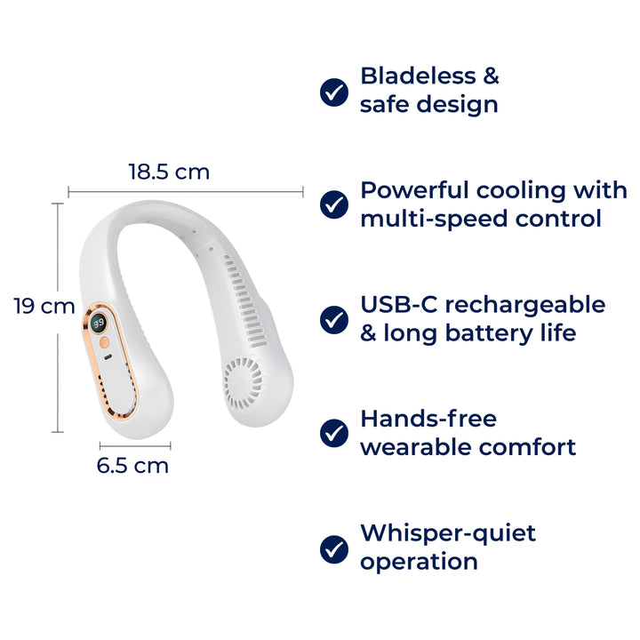 CoolEase | Tragbarer Nackenventilator – Federnloses freihändiges Kühlen – Fünf Geschwindigkeiten USB-C – Reisen Büro Shuttle Karnz