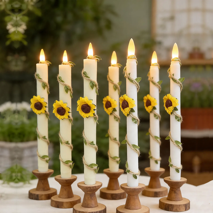 LED-Sonnenblumen-Kerze mit Sisalseil-Dekoration