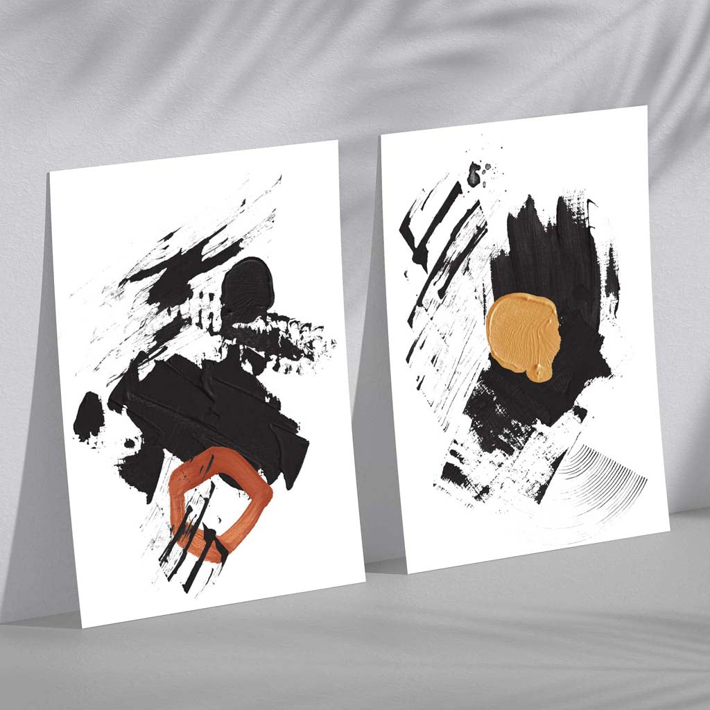 Schwarze und gelbe abstrakte Streifen, gerahmtes 2er-Set Kunstdrucke