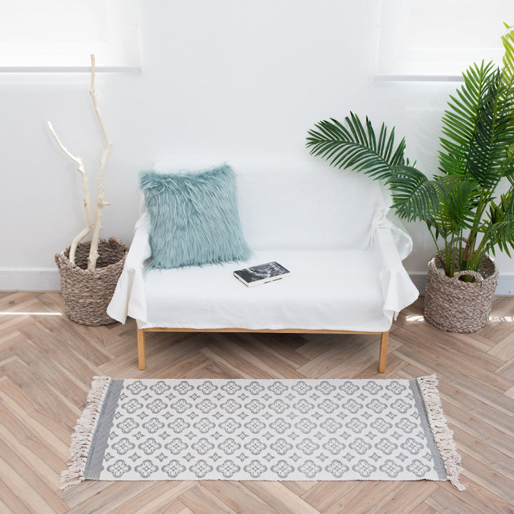 Flachgewebter Baumwollläufer mit mediterranem Kachel‑Jacquard und dekorativen Fransen Karnz