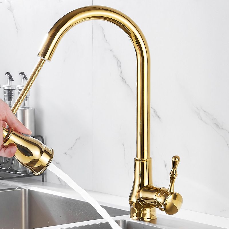 Gebürsteter Gold Küchenarmatur Hochbogen Auslauf mit Ausziehbarem Sprühkopf