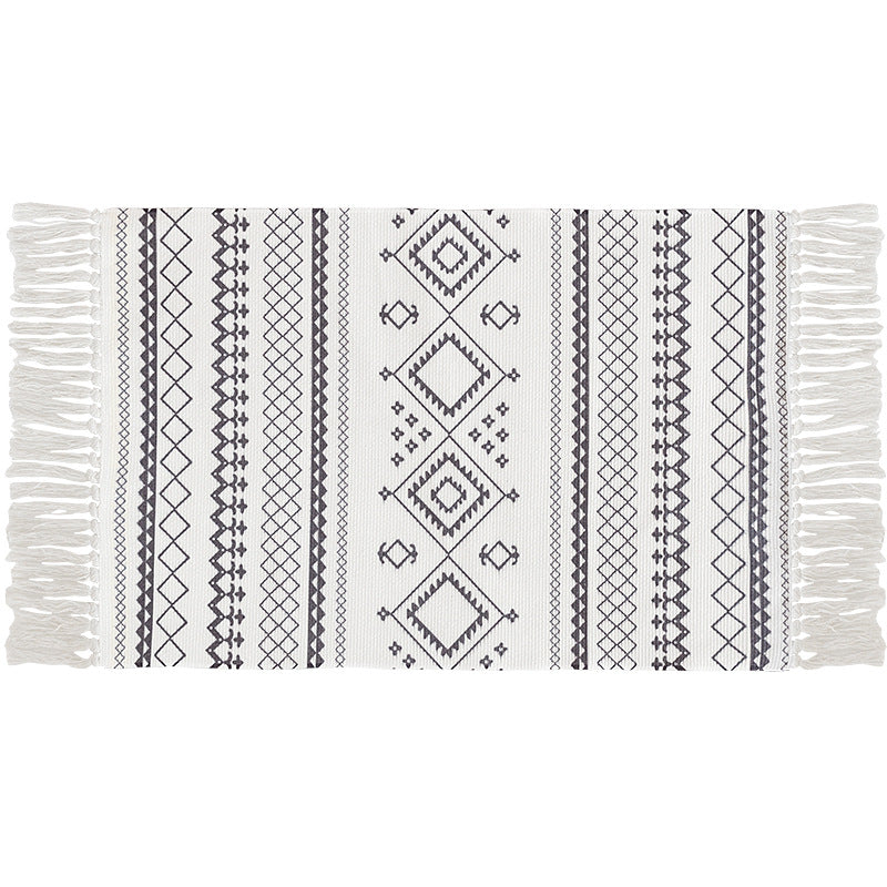 Flachgewebter Baumwollläufer mit Boho-Ethno-Muster und Fransenrand