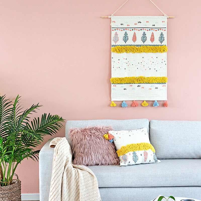 Wandteppich im Skandi‑Boho‑Stil mit Tufting‑Streifen, Quasten und Holzstab Karnz