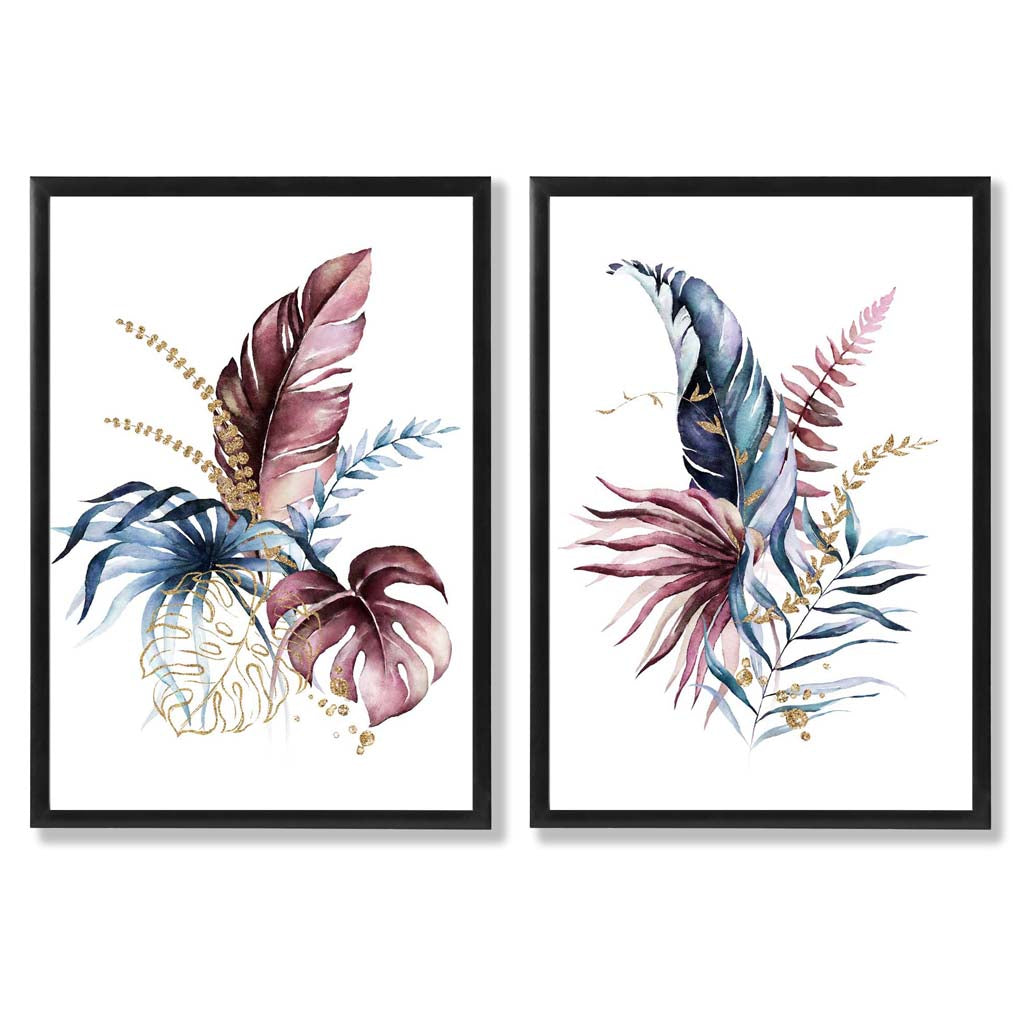 Abstraktes Set aus 2 gerahmten Kunstdrucken mit botanischen Blättern in Rosa und Blau