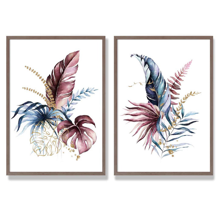 Abstraktes Set aus 2 gerahmten Kunstdrucken mit botanischen Blättern in Rosa und Blau