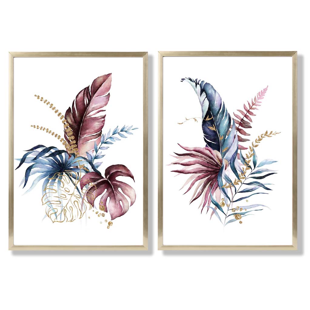 Abstraktes Set aus 2 gerahmten Kunstdrucken mit botanischen Blättern in Rosa und Blau