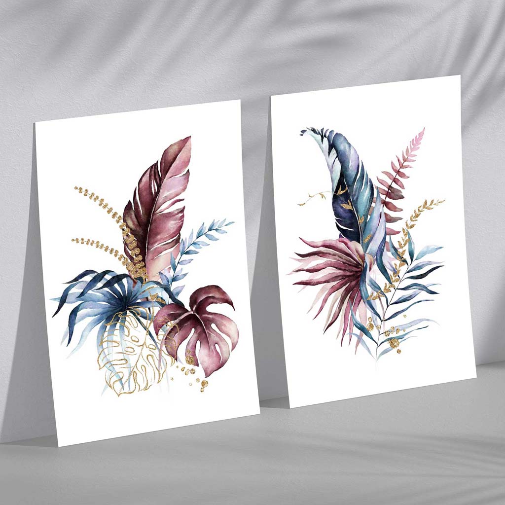 Abstraktes Set aus 2 Kunstdrucken mit botanischen Blättern in Rosa und Blau
