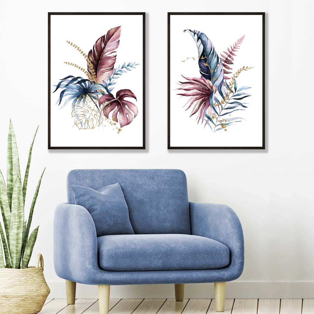 Abstraktes Set aus 2 Kunstdrucken mit botanischen Blättern in Rosa und Blau