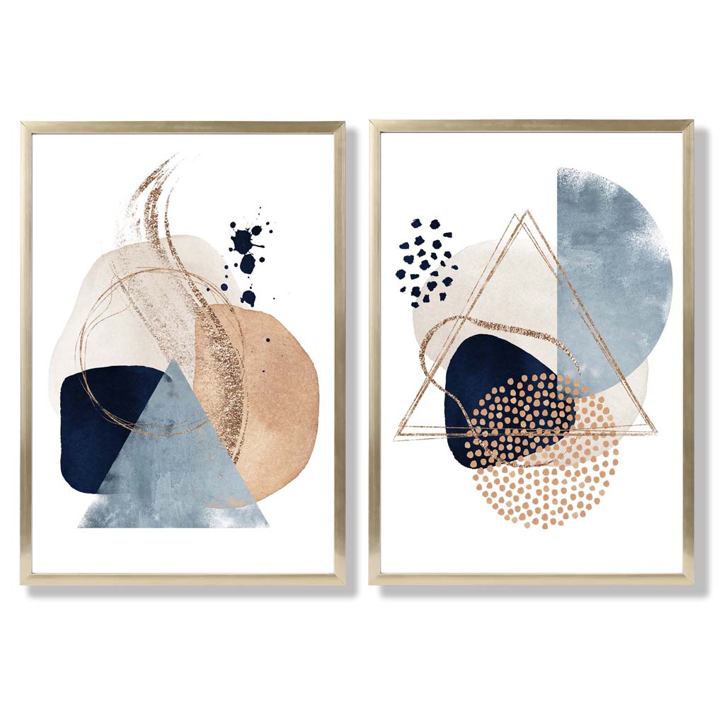 Set mit 2 Kunstdrucken im Aquarell-Stil mit blauen und beigen Formen