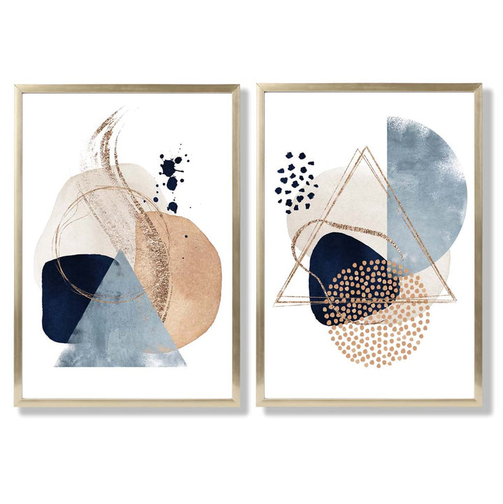 Set mit 2 Kunstdrucken im Aquarell-Stil mit blauen und beigen Formen