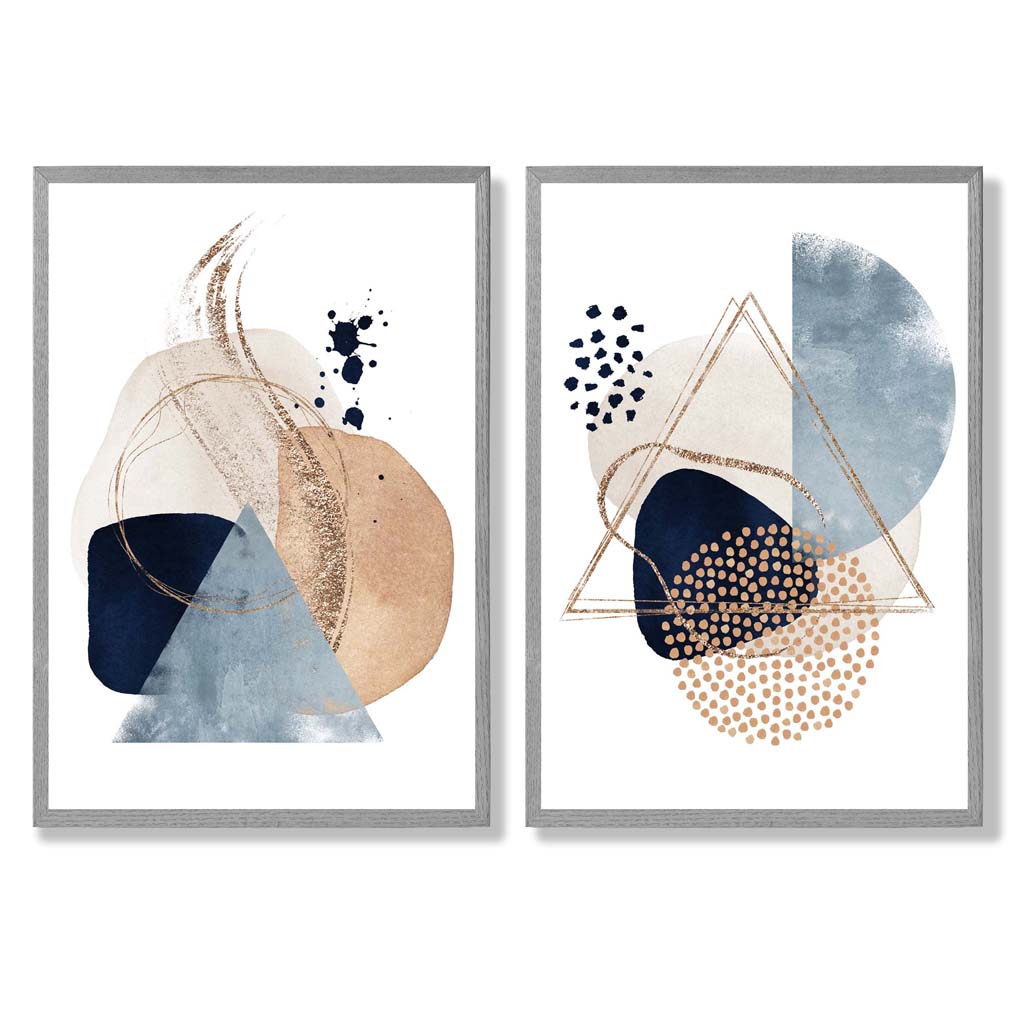 Set mit 2 Kunstdrucken im Aquarell-Stil mit blauen und beigen Formen