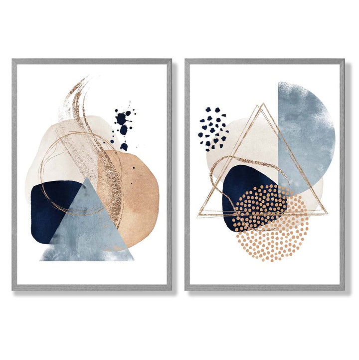 Set mit 2 Kunstdrucken im Aquarell-Stil mit blauen und beigen Formen