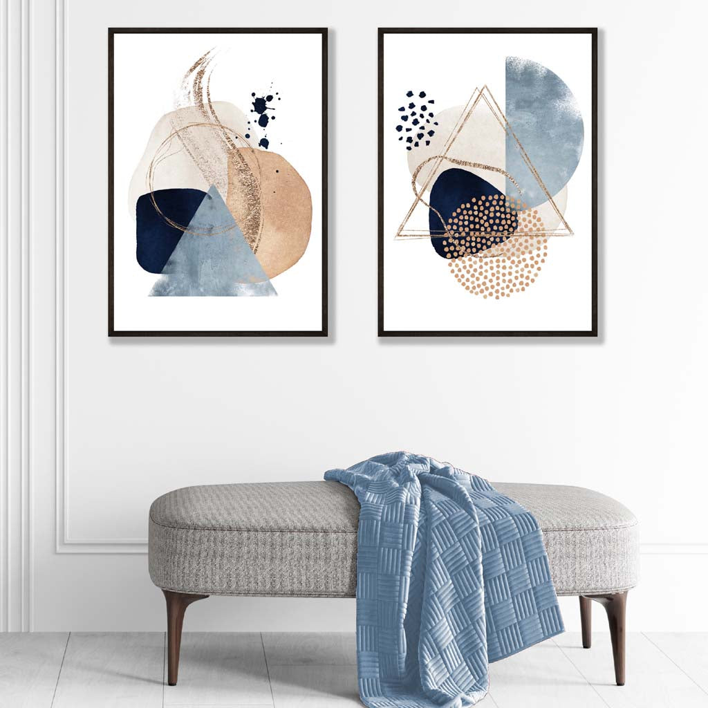 Set mit 2 Kunstdrucken im Aquarell-Stil mit blauen und beigen Formen