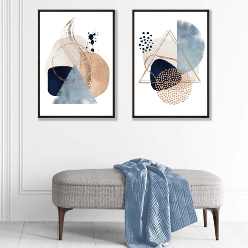 Set mit 2 Kunstdrucken im Aquarell-Stil mit blauen und beigen Formen