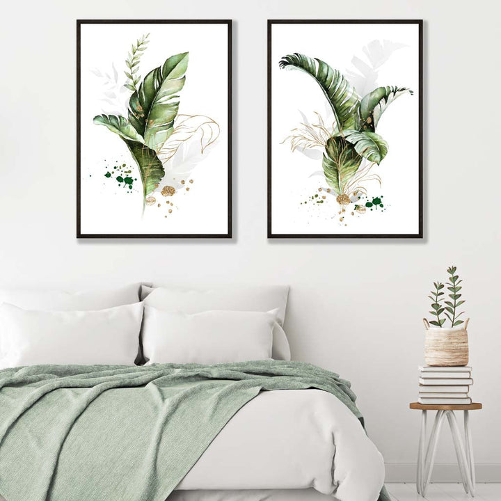 Abstrakte grüne botanische Blätter, 2er-Set Kunstdrucke