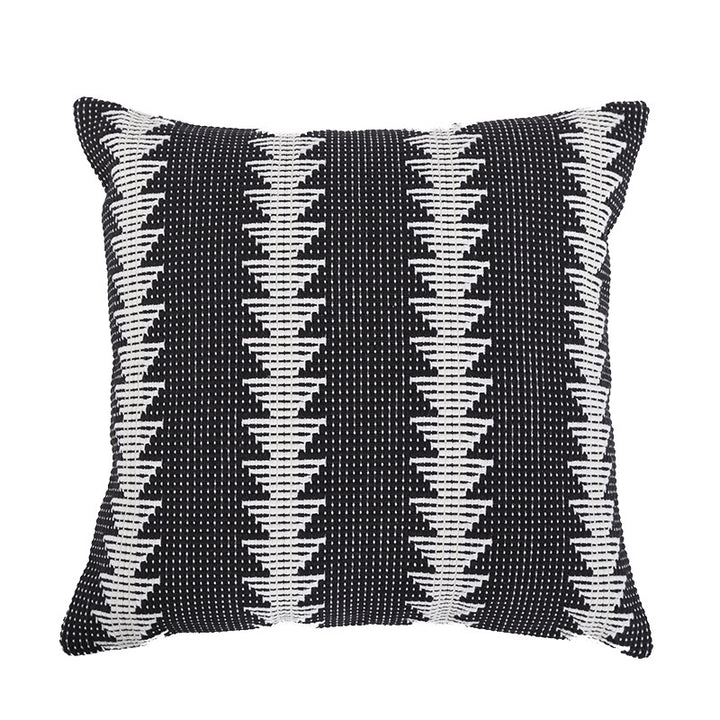 Quadratischer gewebter Zierkissenbezug im Tribal-Jacquard mit Bommel-Ecken