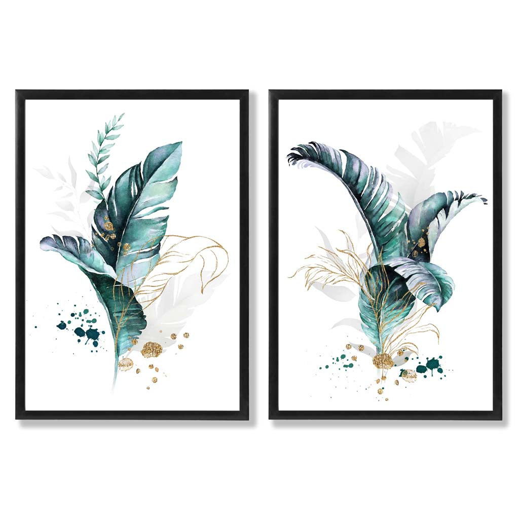 Abstraktes türkisfarbenes botanisches Blättermotiv, gerahmtes Set aus 2 Kunstdrucken