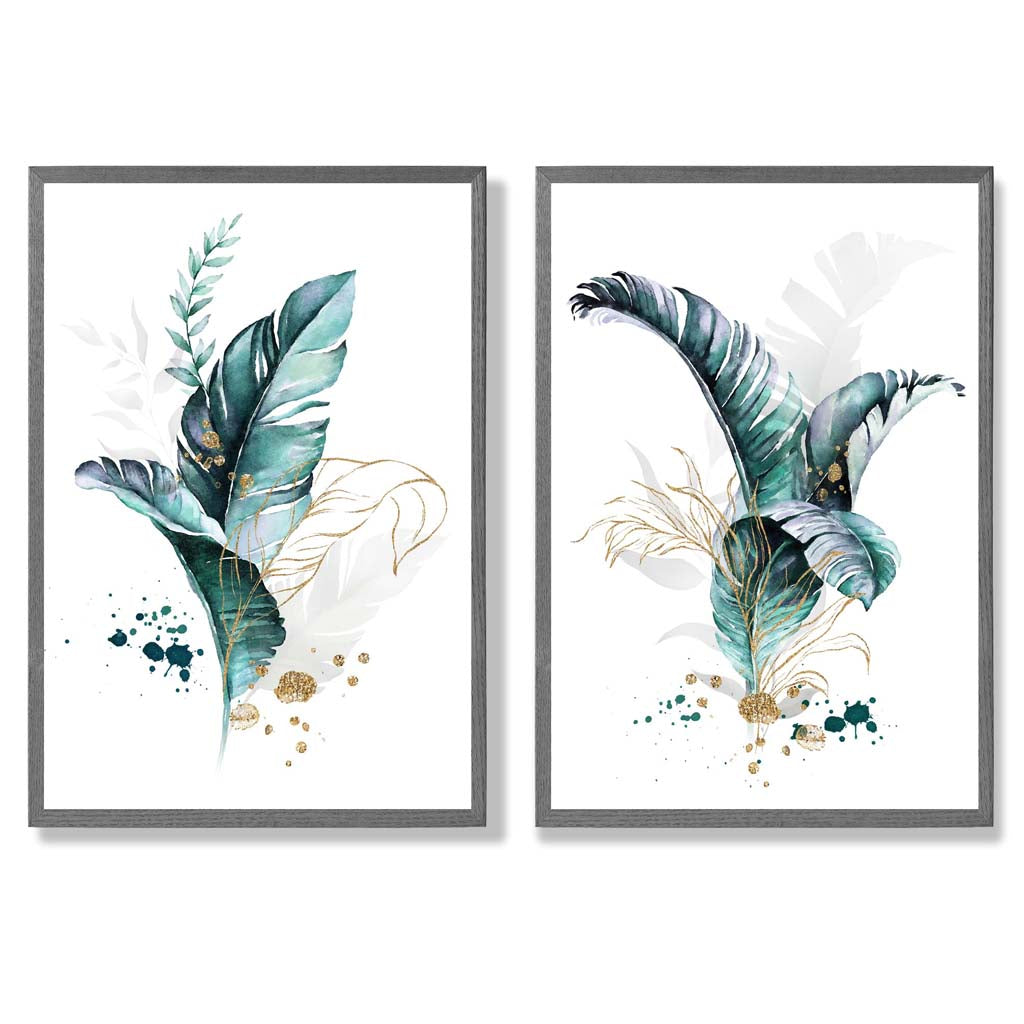 Abstraktes türkisfarbenes botanisches Blättermotiv, gerahmtes Set aus 2 Kunstdrucken