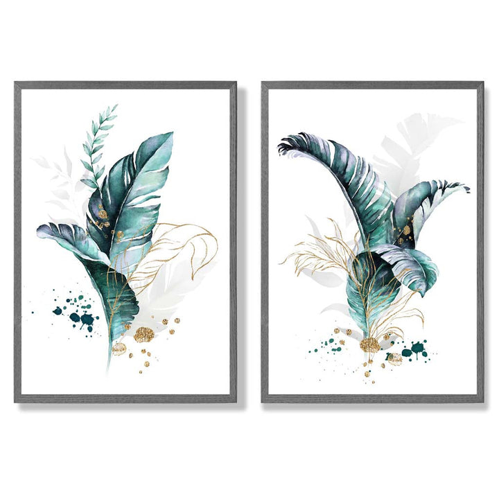 Abstraktes türkisfarbenes botanisches Blättermotiv, gerahmtes Set aus 2 Kunstdrucken