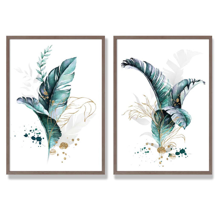 Abstraktes türkisfarbenes botanisches Blättermotiv, gerahmtes Set aus 2 Kunstdrucken