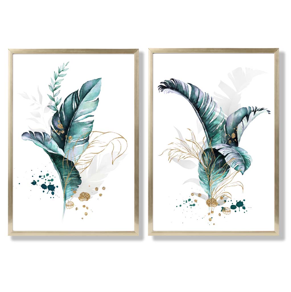 Abstraktes türkisfarbenes botanisches Blättermotiv, gerahmtes Set aus 2 Kunstdrucken