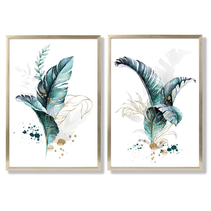 Abstraktes türkisfarbenes botanisches Blättermotiv, gerahmtes Set aus 2 Kunstdrucken