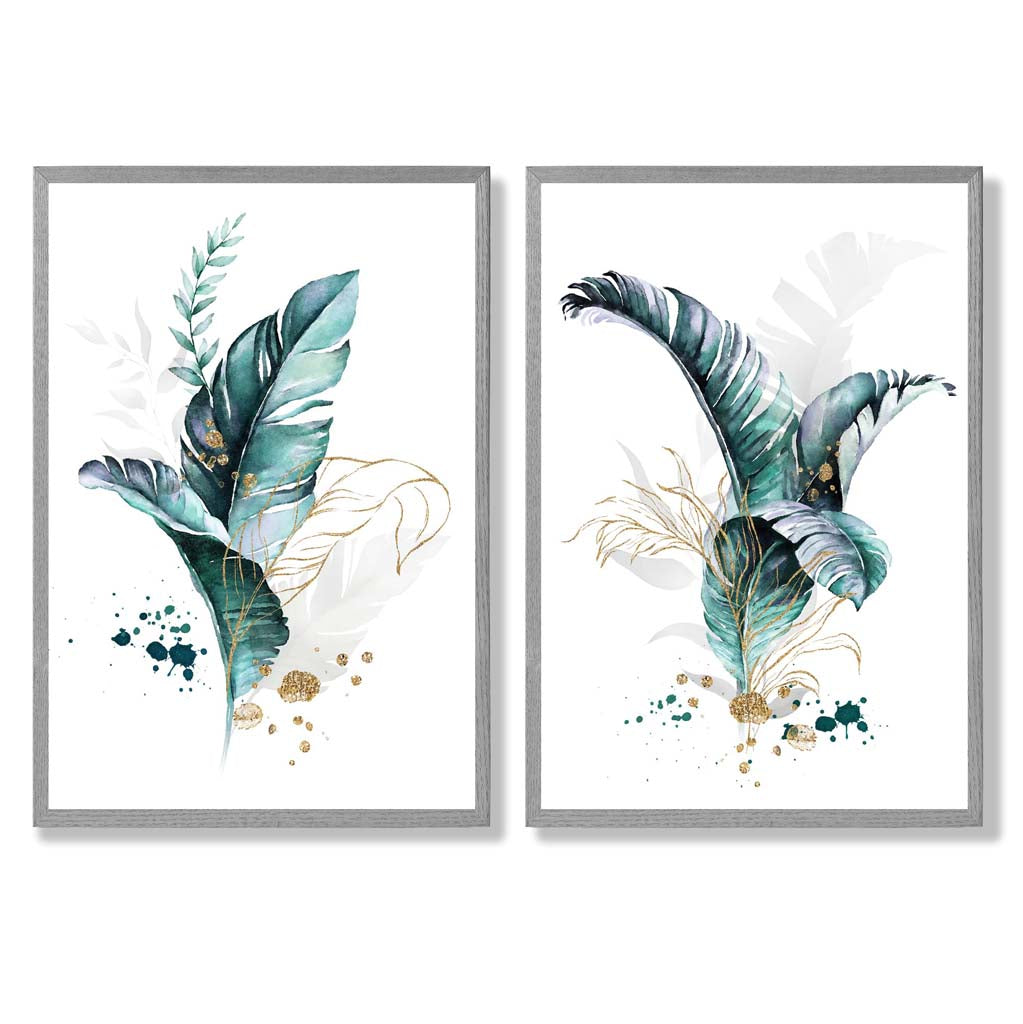 Abstraktes türkisfarbenes botanisches Blättermotiv, gerahmtes Set aus 2 Kunstdrucken