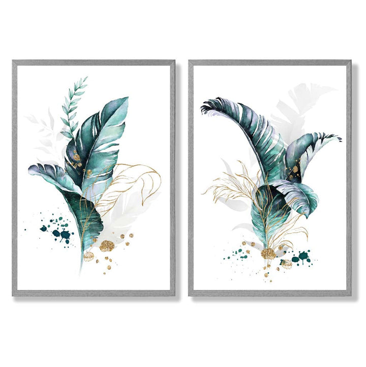Abstraktes türkisfarbenes botanisches Blättermotiv, gerahmtes Set aus 2 Kunstdrucken