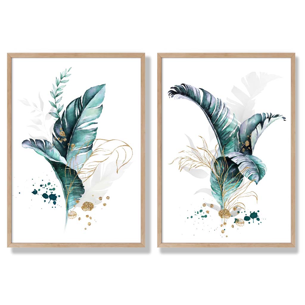 Abstraktes türkisfarbenes botanisches Blättermotiv, gerahmtes Set aus 2 Kunstdrucken