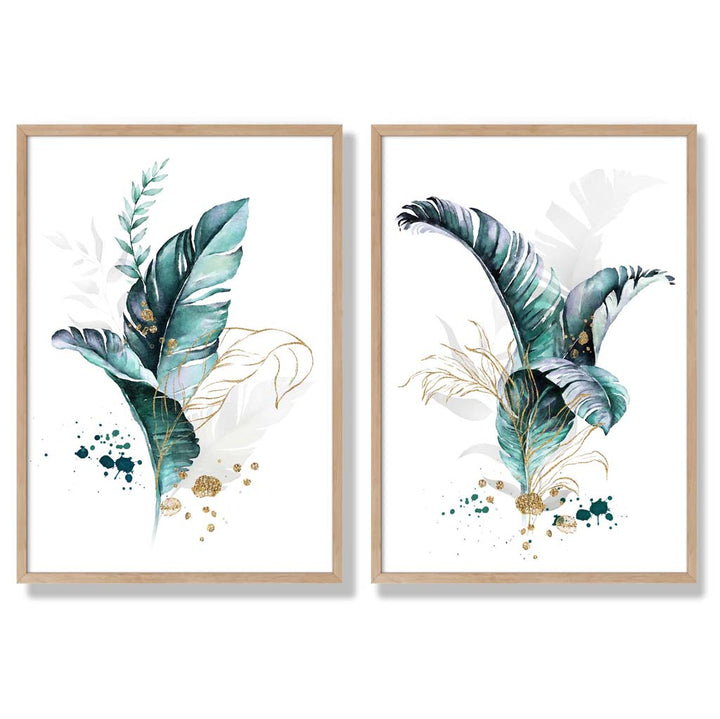 Abstraktes türkisfarbenes botanisches Blättermotiv, gerahmtes Set aus 2 Kunstdrucken