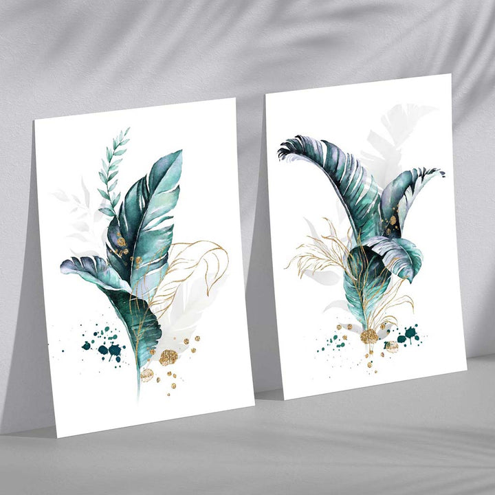 Abstraktes türkisfarbenes botanisches Blättermotiv, gerahmtes Set aus 2 Kunstdrucken