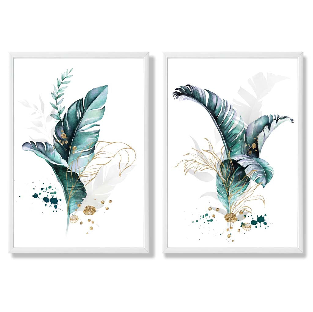 Abstraktes türkisfarbenes botanisches Blättermotiv, gerahmtes Set aus 2 Kunstdrucken