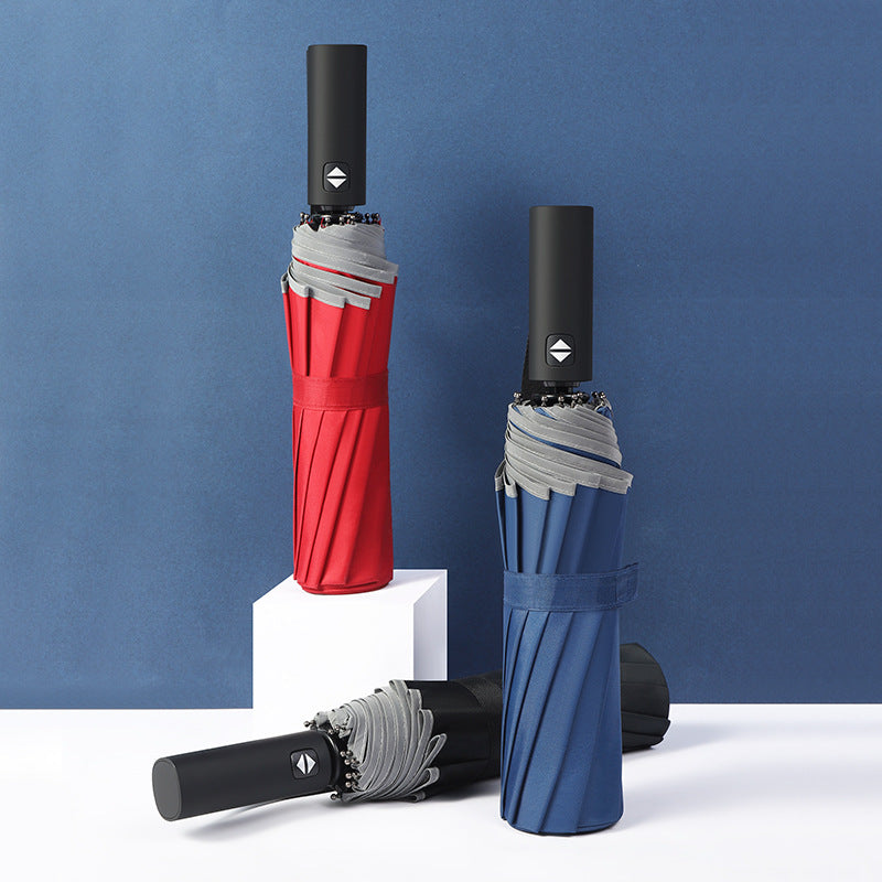 Damen automatischer Faltregenschirm mit umkehrbarem Design und reflektierenden Sicherheitsmerkmalen Karnz