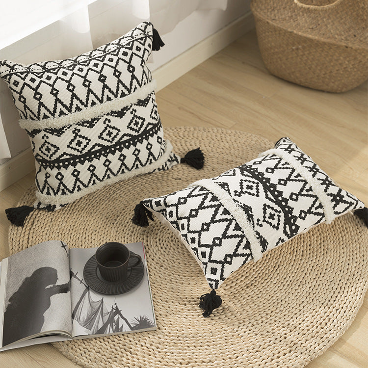 Rechteckiges Boho-Lendenkissen mit Jacquard‑Webung, Fransenstreifen und Eckquasten Karnz