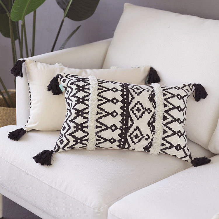 Rechteckiges Boho-Lendenkissen mit Jacquard‑Webung, Fransenstreifen und Eckquasten Karnz