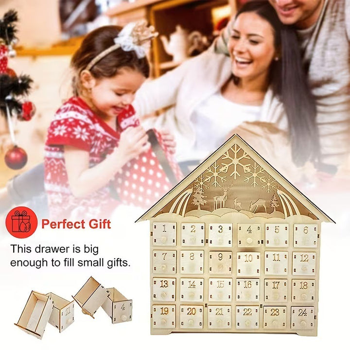 Beleuchteter Holz-Adventskalender im Hütten-Design