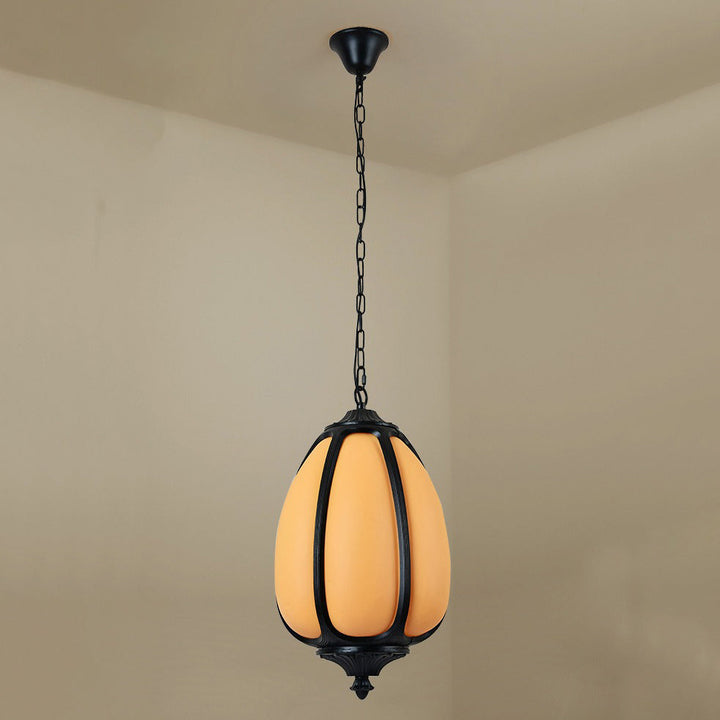 Traditionelle chinesische wasserdichte Aluminium-PC-Dolomit elliptische Kürbis 1-Licht Pendelleuchte für Außenpatio | Karnz