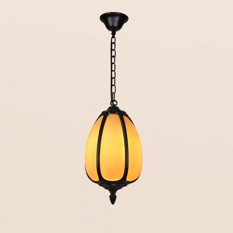 Traditionelle chinesische wasserdichte Aluminium-PC-Dolomit elliptische Kürbis 1-Licht Pendelleuchte für Außenpatio | Karnz