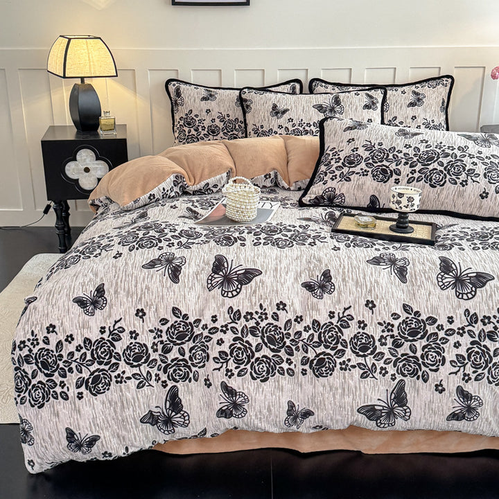 Französisches Milchfleece-Bettwäsche-Set, floral, warm