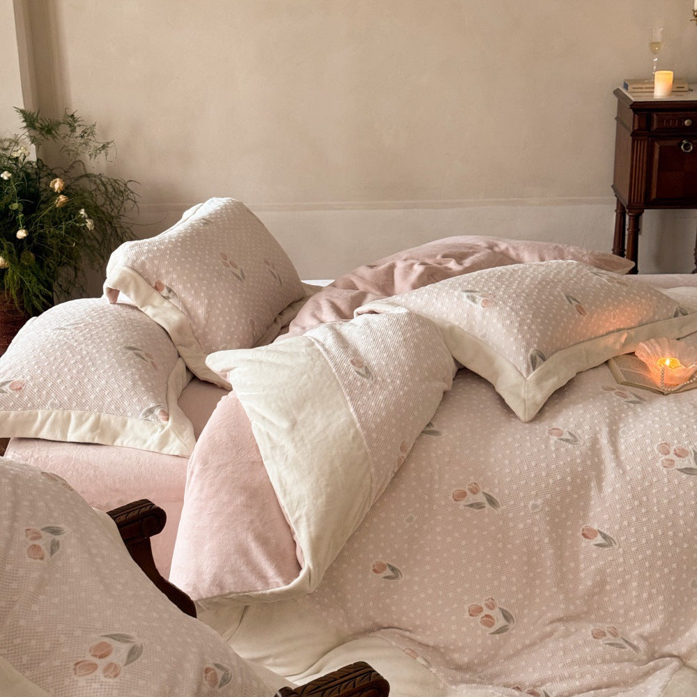 Milchfaser-Fleece-Bettwäsche-Set, 4-teilig, Tulpen-Design