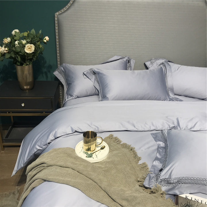 Luxus Baumwoll-Satin Bettbezug Set mit Leiterstich Spitze Trim