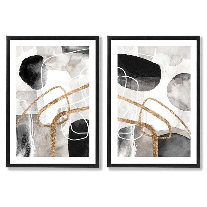 Schwarze und goldene abstrakte Formen, gerahmtes 2er-Set Kunstdrucke
