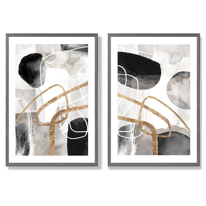 Schwarze und goldene abstrakte Formen, gerahmtes 2er-Set Kunstdrucke