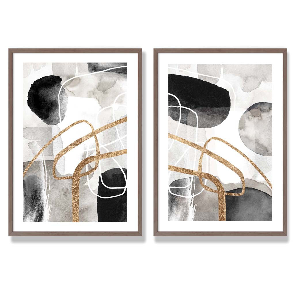 Schwarze und goldene abstrakte Formen, gerahmtes 2er-Set Kunstdrucke