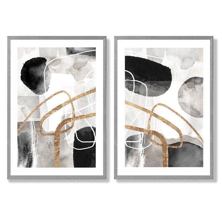 Schwarze und goldene abstrakte Formen, gerahmtes 2er-Set Kunstdrucke