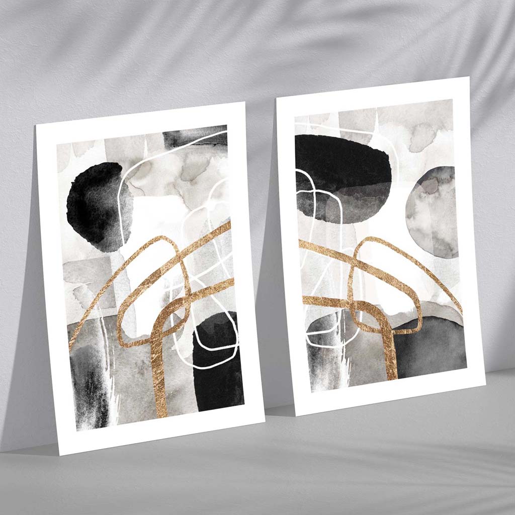 Schwarze und goldene abstrakte Formen, gerahmtes 2er-Set Kunstdrucke