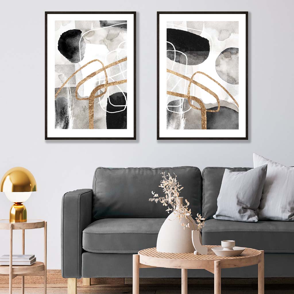 Schwarze und goldene abstrakte Formen, gerahmtes 2er-Set Kunstdrucke