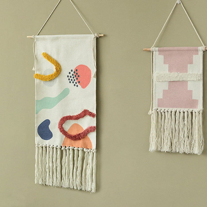 Handgewebter Wandbehang und Tischläufer aus Baumwollmix mit geometrischem Treppenmuster und langen Fransen Karnz