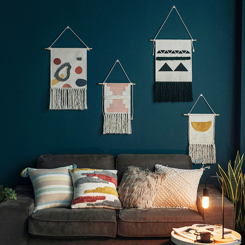 Handgewebter Wandbehang und Tischläufer aus Baumwollmix mit geometrischem Treppenmuster und langen Fransen Karnz