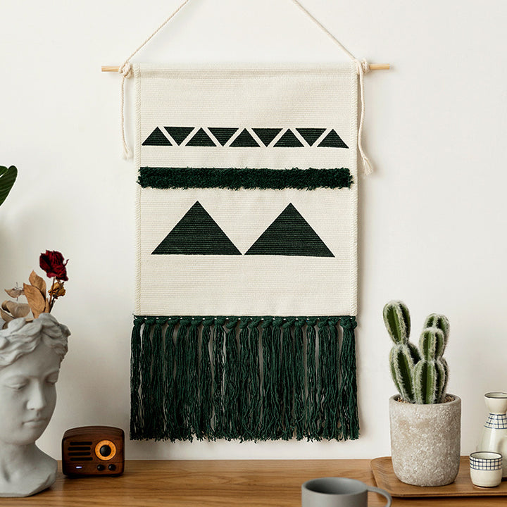 Handgewebter Wandbehang und Tischläufer aus Baumwollmix mit geometrischem Treppenmuster und langen Fransen Karnz